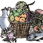 Basket of fruit with a fish a crab and a jug