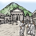 men in togas in the forum in front of a temple with Vesuvius in the distance