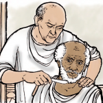 The barber shaves the old man with a razor