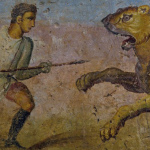 Detail from a fresco depicting a bestiarius with a spear fighting a lion