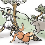 Line drawing of Quintus using a spear to defend Felix from a wild boar