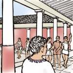 Line drawing of Quintus meeting his friends at the palaestra