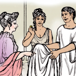 Line drawing of a merchant showing a toga to Metella and Melissa