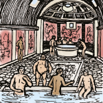 Line drawing of the interior of a Roman bath house. Naked figures can be seen in and around the various baths