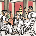 Line drawing of a rhetor teaching a group of students.