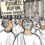 Line drawing of a crowd of men in togas listening to a speech in the forum. A placard reads "Pistores Rufum II virum rogant"