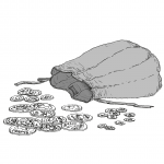Line drawing of a money bag with coins of various sizes next to it.
