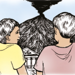 Line drawing of two boys in Pompeii looking worriedly at the smoking volcano Vesuvius