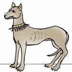Line drawing of the family dog, Cerberus, wearing a spiky collar.
