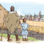 Two Britons, a father and child, look across a field of grain towards a column of mounted Roman soldiers.