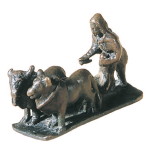 Roman bronze model of a man ploughing with a yoke of oxen.
