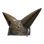 A metal helmet with two horns and decorative scrollwork. 