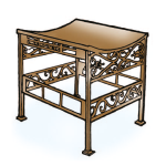 A metal stand with four legs and a concave curved top with two bands of metal scrollwork joining each pair of legs.