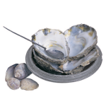 An open oyster shell on a clay plate with other shells to the left side. There is a metal spoon for scooping out the oyster resting on the oyster shell.