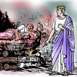 King Togidubnus wearing a golden crown looks towards a wax effigy of emperor Claudius reclining above a burning pire of logs.
