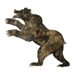 A painting of a bear walking on hind legs moving threateningly to the left.