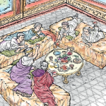 Men in togas recline on three couches, two per couch, around a circular table that holds food and drink.
