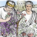 Quintus stands to the right in conversation with King Togidubnus who is admiring a rose on a bush in front of them.