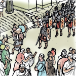 Lin drawing of people milling about in a street. A group of Roman soldiers can be seen patrolling.