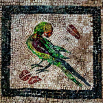Mosaic of a colourful exotic bird inside a square border.
