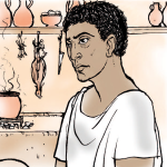 Line drawing of Volubilis the cook standing in his kitchen. Vessels and ingredients on a shelf as well as a pot on a stove can be seen in the background.