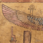 Detail from an ancient shroud made in Egypt. A wing and an ankh symbol can be seen.