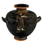 A black Greek 5th century vase with a handle either side and showing Sapho playing a lyre.