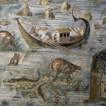 A mosaic showing a hunt for crocodiles and hippos in the Nile.