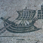 A mosaic from the port of Ostia showing a ship with sail and oars.