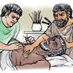 Barbillus partly covered by a sheet lies on a bed. The doctor leans over him and places a sponge on his chest. The astrologer, Thrasyllus leans over Barbillus, holding a needle.