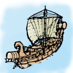 A ship with one large sail on a blue background.