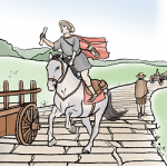 A horse rider carrying a scroll gallops past the wheel of a cart.