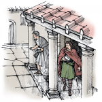 Two figures emerge between pillars below a sloping roof.