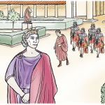 Catia stands calmly as Roman soldiers approach