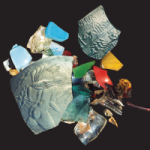 Composite image featuring numerous fragments of colourful ancient glass.
