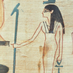 Detail from a papyrus showing the Egyptian representation of Isis holding a sceptre in her right hand and an ankh in her left.
