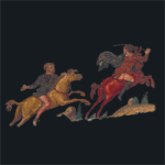 Two men on horseback riding fast.