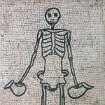 A mosaic of a skeleton butler, holding a wine jug in each hand, found in a  triclinium in Pompeii