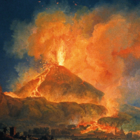 A painting of Mount Vesuvius erupting in 1779, with people fleeing from settlements in the foreground